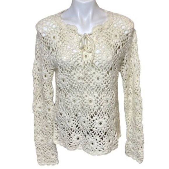 Express cream hand knit formal crochet wool blend sweater size M - Picture 1 of 16